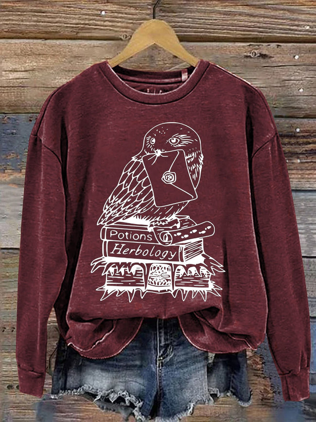 Women's Magic Wizard School Owl Envelope Book Print Casual Sweatshirt