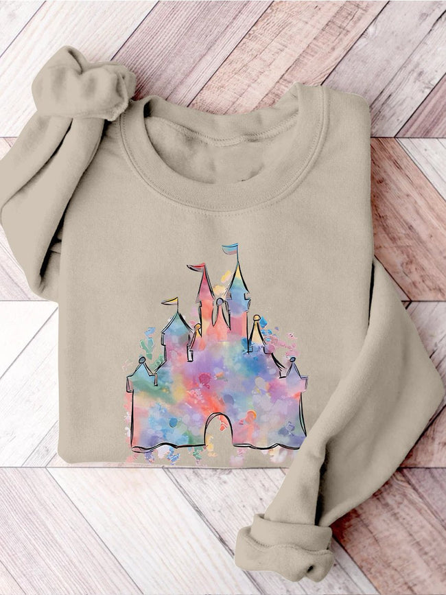 Watercolor Castle Princess Castle Magical Castle Wizard Castle Orlando Casual Print Sweatshirt