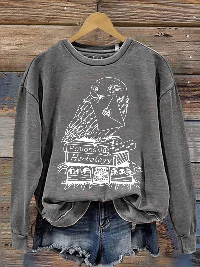 Women's Magic Wizard School Owl Envelope Book Print Casual Sweatshirt
