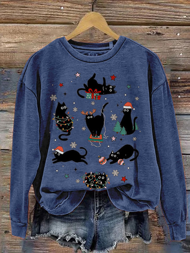 Retro Trendy Christmas Cute Christmas Cat Lover Casual Print Sweatshirt